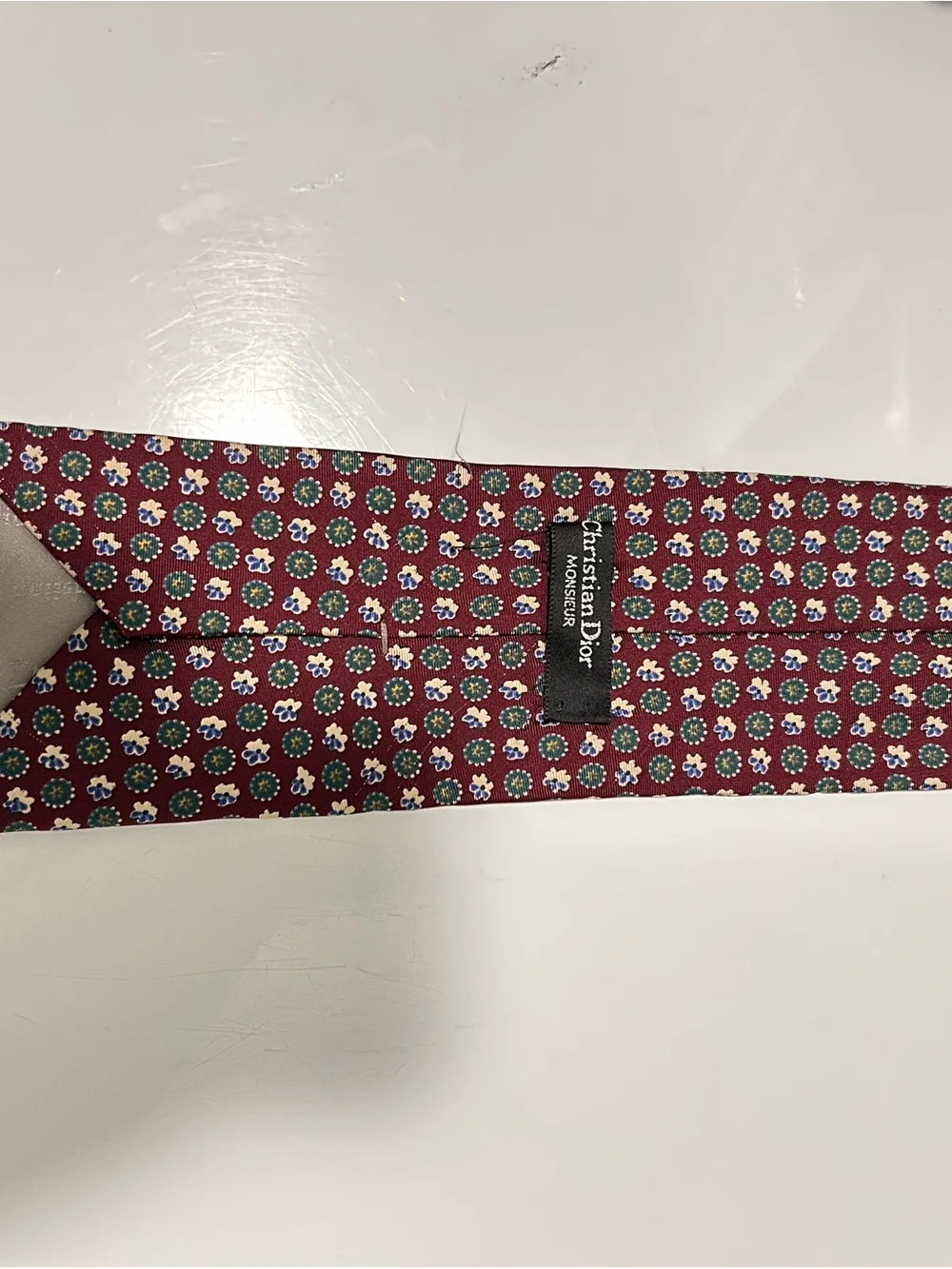 Christian Dior Burgundy Tie with Blue and Cream Medallions